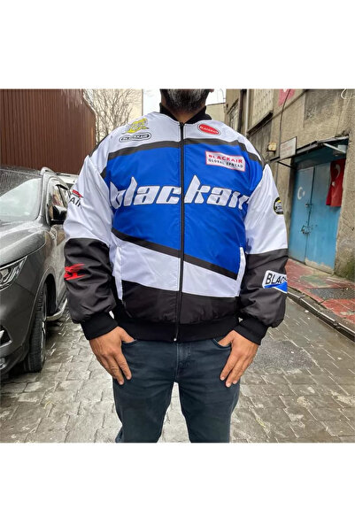 alhemengelir Blackair Motosport Blue White Printed Zippered Parachute Jacket