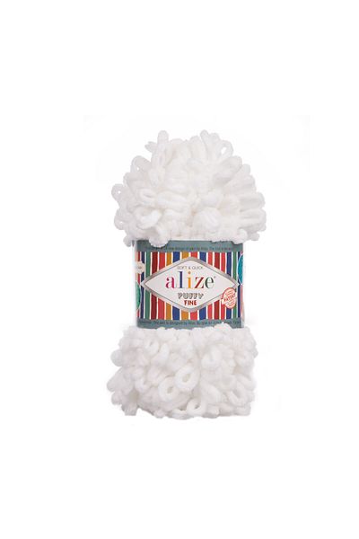 Alize Puffy Fine Small Bowknot - White 55mm, 100g, 14.5m Finger Knit Lanyard