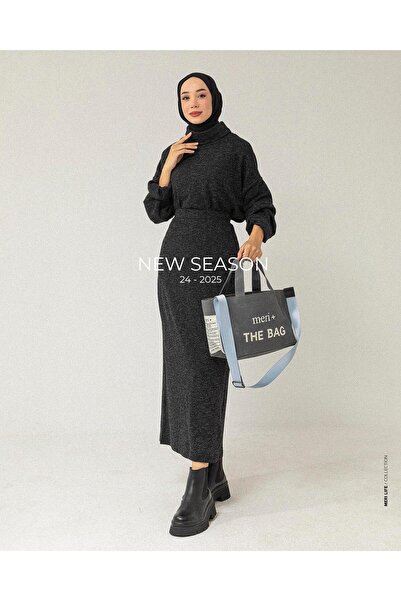 Meri Store Oversize Boğazlı Siyah Triko Takım