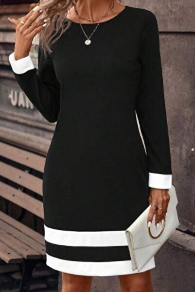 Mossta Μαύρο φόρεμα κρεπ εισαγωγής - λαιμόκοψη με ριγέ μανίκι και φούστα