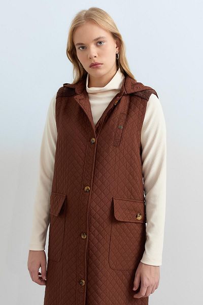 Nihan Long Coffee Color Thin Quilted Vest - Bag Pocket