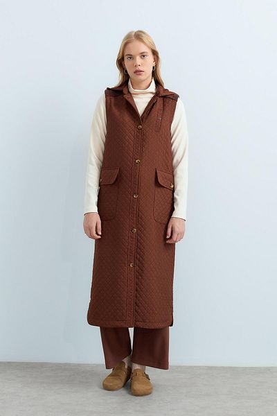Nihan Long Coffee Color Thin Quilted Vest - Bag Pocket