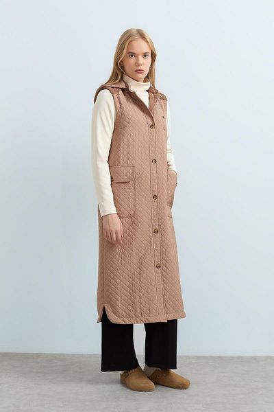 Nihan Mink Long Vest - Thin Quilted with Bag Pocket