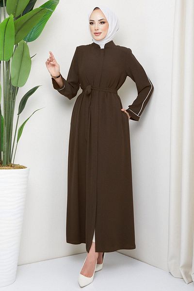 hafsamina Belted Hidden Placket Ferace Brown HM2178