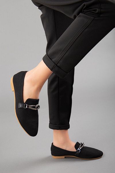 Dilimler Ayakkabı Knitwear Stoned Round Toe Black Women's Ballerinas