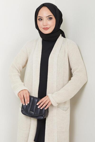 hafsamina Cream Colored Shawl Collar Pocket Knitwear Cardigan - Hm2243
