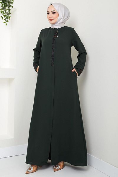 hafsamina Khaki Drop Stone Detailed Ferace - HM2435