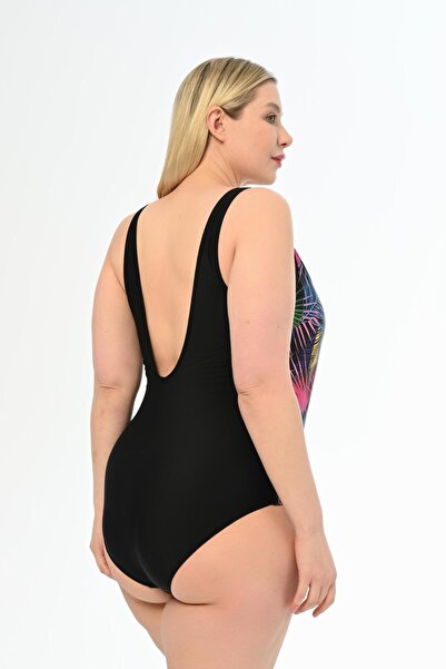 AQUAVİVA Aquaviva Women's Plus Size Black Palm Pattern Martina Double Breasted Swimsuit