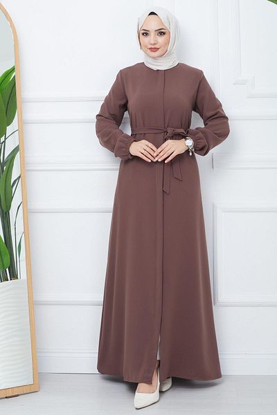 hafsamina Ferace Brown with Hidden Placket and Belted HM2361
