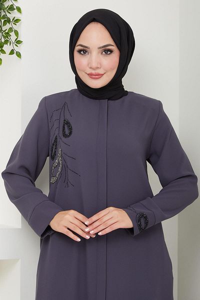 hafsamina Smoked Huma Stone Detailed Ferace - HM2479