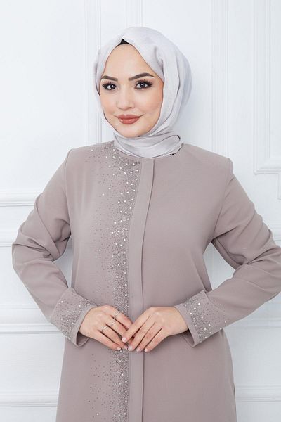 hafsamina Işıl Stone Detailed Large Size Ferace Beige HM2351