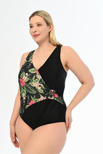 AQUAVİVA Plus Size Black Violet Patterned Double Breasted Swimsuit - Aquaviva