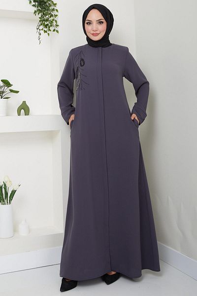 hafsamina Smoked Huma Stone Detailed Ferace - HM2479
