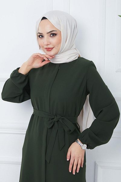 hafsamina Ferace Khaki with Hidden Placket and Belt HM2361