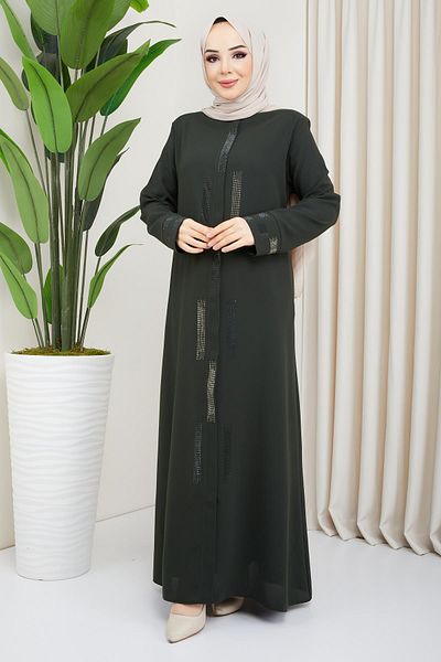 hafsamina Stone Detailed Plus Size Abaya Khaki