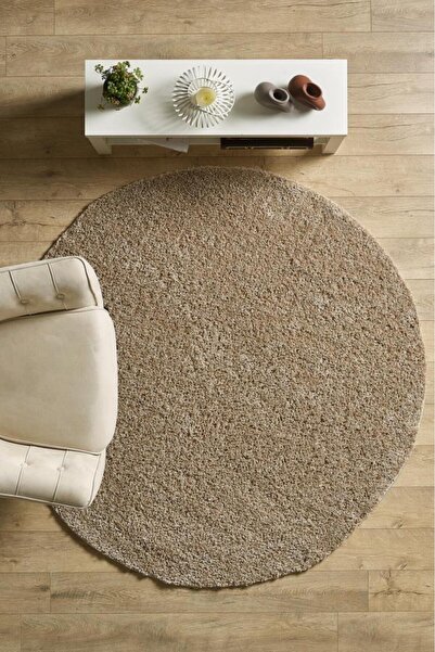 Red Halı Tek Renk Desensiz Bej Yuvarlak Yumuşak Post Peluş Shaggy Halı Salon ...