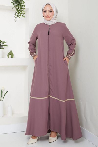 hafsamina Dusty Rose Stripe Detailed Ferace - HM2035