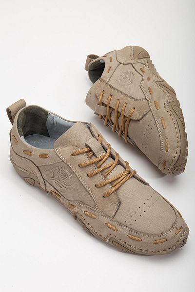 Dilimler Ayakkabı Genuine Leather Nubuck Saddled Tied Beige Men's Casual Shoes