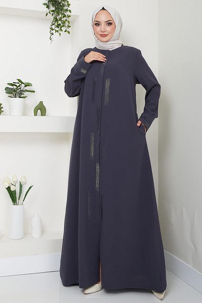 hafsamina Smoked Large Size Stone Detailed Ferace - HM2047