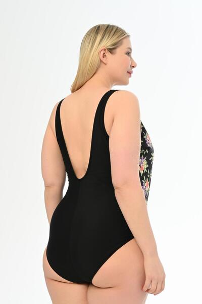 AQUAVİVA Aquaviva Women's Plus Size Black Lilac Pattern Martina Double Breasted Swimsuit