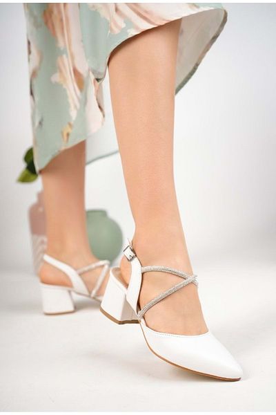 KCMN Feles Cross Stripe Stone Detailed Classic Heeled Women's Shoes WHITE