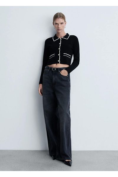 MANGO Woman Cardigan cu nasturi de piatră cu detalii de contrast