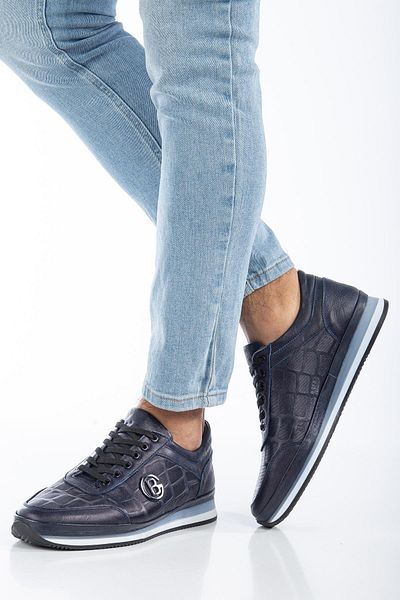 Dilimler Ayakkabı Ανδρικά καθημερινά casual παπούτσια από γνήσιο δέρμα με εμπριμέ δερμάτινη πόρπη Navy Blue