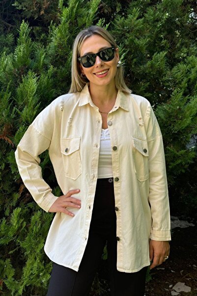 Kubos Moda سترة قميص جبردين بتفاصيل ممزقة كبيرة الحجم