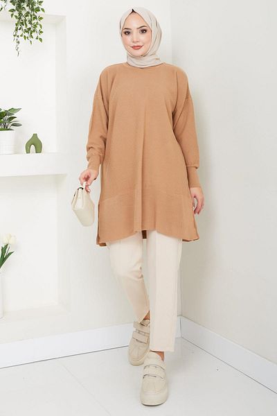 hafsamina Camel Crew Neck Slit Knitwear Tunic - Hm2533