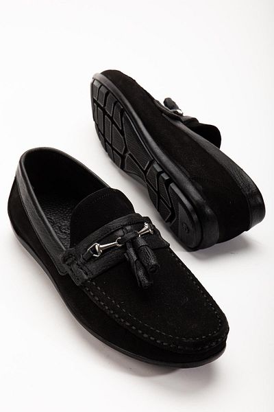 Dilimler Ayakkabı Black Genuine Leather Nubuck Tasseled Men's Casual Rock Shoes
