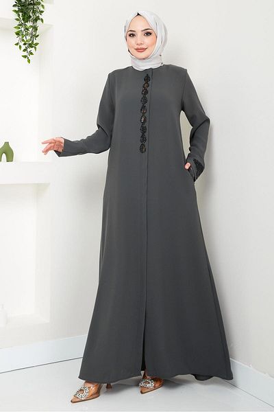 hafsamina Smoked Drop Stone Detailed Ferace - HM2435
