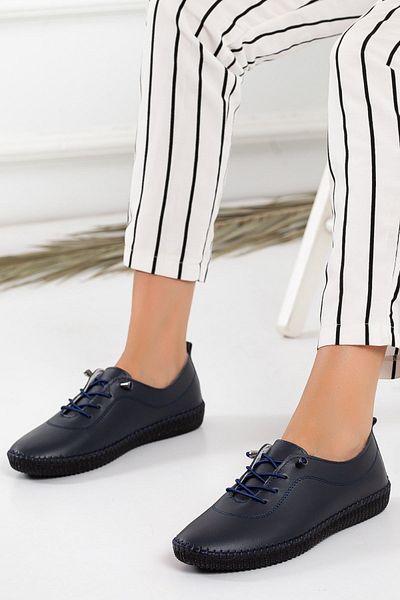 Dilimler Ayakkabı Genuine Leather Orthopedic Saddled Navy Blue Large Size Women's Shoes Daily