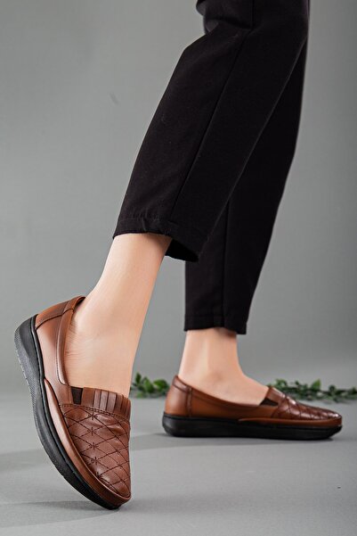 Dilimler Ayakkabı Genuine Leather Embroidery Detailed Tan Large Size Women's Shoes Daily