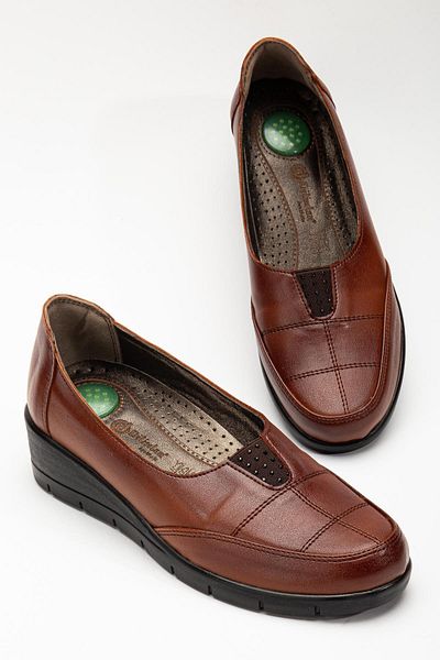 Dilimler Ayakkabı Genuine Leather Orthopedic Stitched Tan Women's Wedge Heeled Casual Shoes