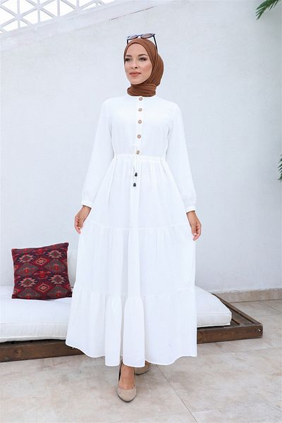 hafsamina Gathered Buttoned Aerobin Dress White