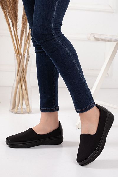 Dilimler Ayakkabı Genuine Leather Stretch Black Large Size Women's Shoes Daily