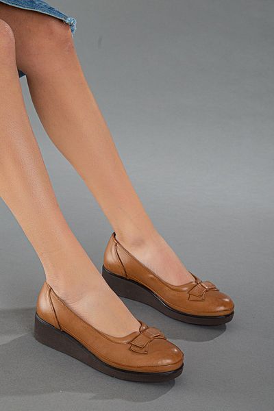 Dilimler Ayakkabı Genuine Leather Orthopedic Bow Tan Women's Shoes