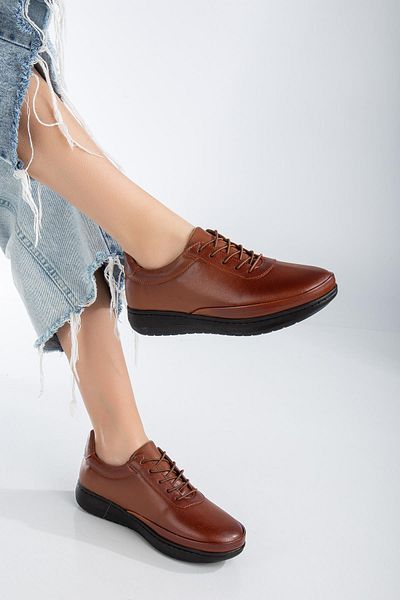 Dilimler Ayakkabı Genuine Leather Atom Model Elastic Laced Tan Large Size Women's Casual Shoes Orthopedic