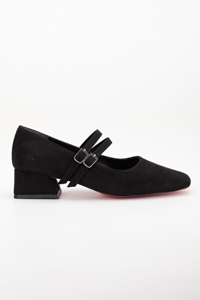 Dilimler Ayakkabı Suede Black Short Heeled Women's Shoes - Large Size 2 Straps
