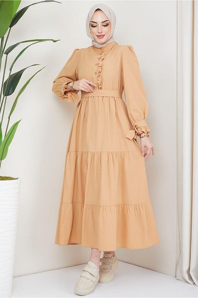 hafsamina Frilly Front Tied Sleeve Dress Camel