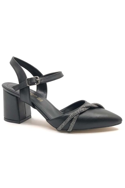 KCMN Mehtap Çapraz Burgu Taş Detaylı 6 cm Topuklu Kadın Klasik Ayakkabı SİYAH