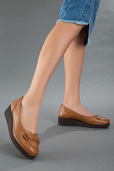 Dilimler Ayakkabı Genuine Leather Orthopedic Bow Tan Women's Shoes