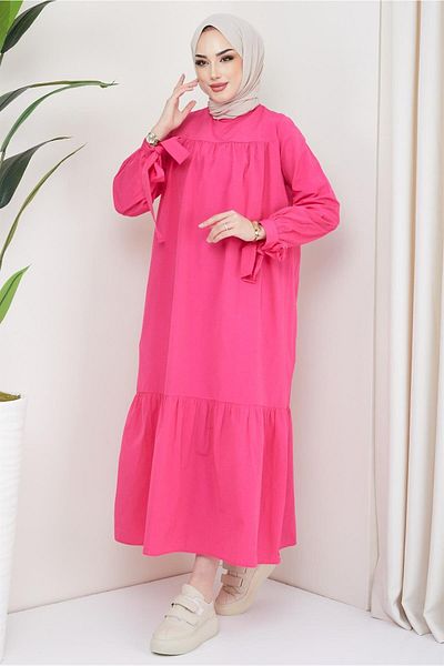 hafsamina Fuchsia Romen Sleeve Tie-Up Dress