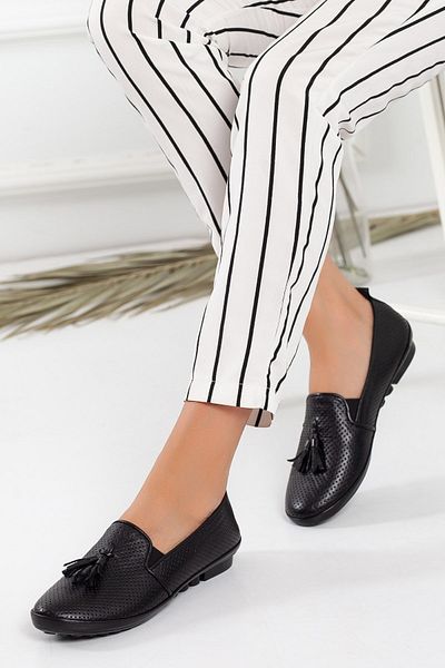 Dilimler Ayakkabı Genuine Leather Tasseled Black Women's Casual Shoes