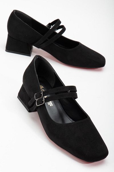Dilimler Ayakkabı Suede Black Short Heeled Women's Shoes - Large Size 2 Straps