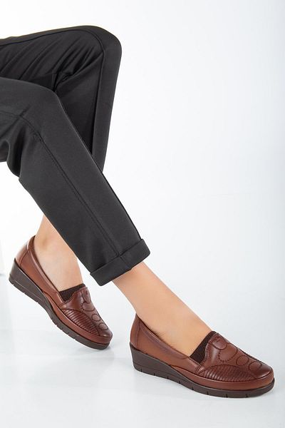 Dilimler Ayakkabı Genuine Leather Embroidery Detailed Skin Tan Large Size Women's Shoes Daily