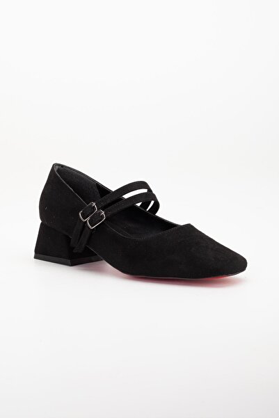 Dilimler Ayakkabı Suede Black Short Heeled Women's Shoes - Large Size 2 Straps