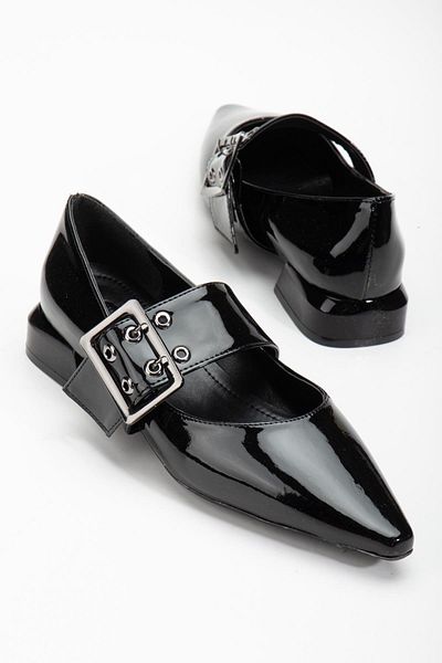 Dilimler Ayakkabı Black Patent Leather Women's Low Heel Shoes - Thick Helmet
