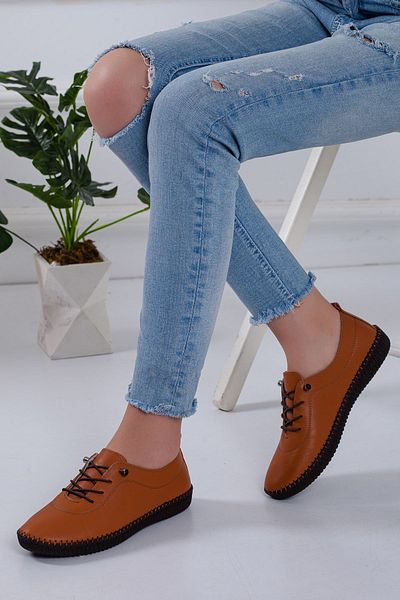 Dilimler Ayakkabı Genuine Leather Orthopedic Saddled Tan Large Size Women's Shoes Daily