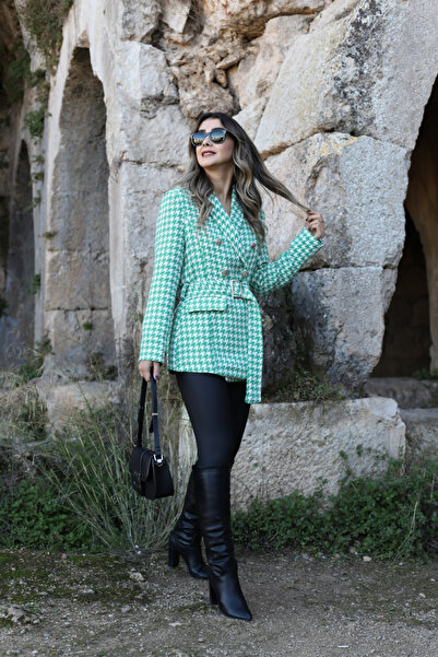 bytugcekaya Yeşil Kazayağı Kendinden Kemerli Blazer